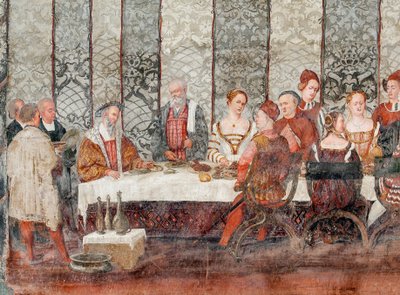 Banquete, detalle de la visita de Christian I de Dinamarca a Bartolomeo Colleoni, Salón de Honor de Marcello or Romani Girolamo (Romanino) (c.1485 c.1566) (attr.to) Fogolino