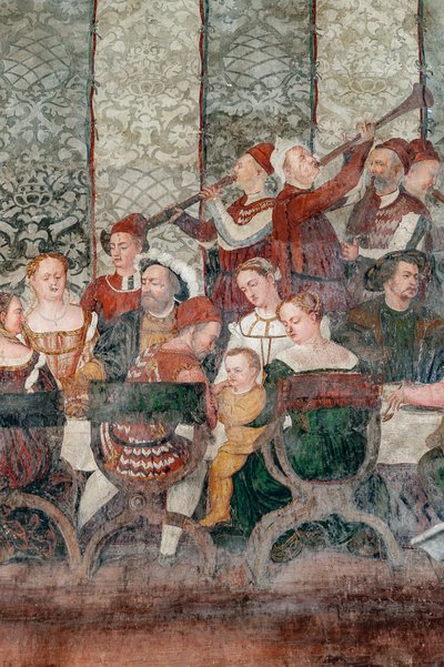 Banquete, detalle de la visita de Christian I de Dinamarca a Bartolomeo Colleoni, Salón de Honor de Marcello or Romani Girolamo (Romanino) (c.1485 c.1566) (attr.to) Fogolino