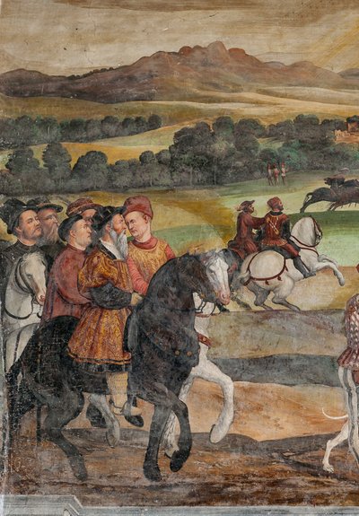 Escena de caza, detalle de la Visita de Cristiano I de Dinamarca a Bartolomeo Colleoni, Salón de Honor de Marcello or Romani Girolamo (Romanino) (c.1485 c.1566) (attr.to) Fogolino