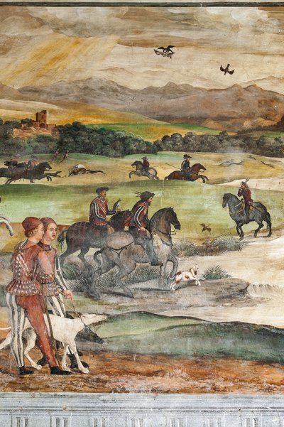 Escena de caza, detalle de la Visita de Cristiano I de Dinamarca a Bartolomeo Colleoni, Salón de Honor de Marcello or Romani Girolamo (Romanino) (c.1485 c.1566) (attr.to) Fogolino