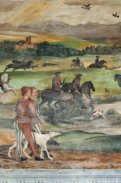 Escena de caza, detalle de la Visita de Cristiano I de Dinamarca a Bartolomeo Colleoni, Salón de Honor de Marcello or Romani Girolamo (Romanino) (c.1485 c.1566) (attr.to) Fogolino