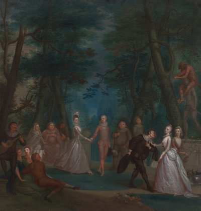 Escena en un parque, con figuras de la Commedia dell