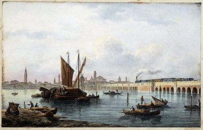 El puente sobre la laguna en el "Álbum de las principales vistas de Venecia" dibujado por Marco Moro ed. Gio Brizeghel n.d 1840. aprox. de Marco (after) Moro