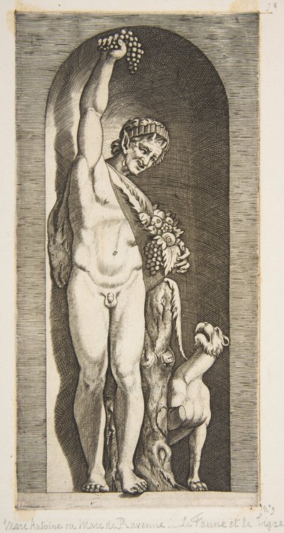 Un fauno de pie en un nicho sosteniendo un racimo de uvas con su mano derecha, ca. 1515-27 de Marco Dente