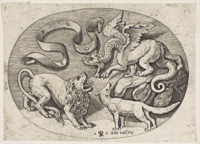 Un león, un dragón y un zorro luchando entre sí, una banderola inscrita arriba, un óvalo, ca. 1515-27 de Marco Dente