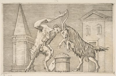 Un sátiro y un carnero atacándose, el sátiro blandiendo un garrote con su mano derecha, ca. 1515-27 de Marco Dente