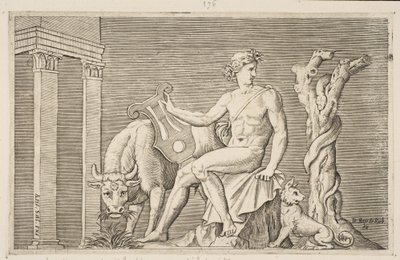 Apolo cuidando los rebaños de Admeto, Apolo sentado sosteniendo una lira y flanqueado por..., ca. 1515-27 de Marco Dente