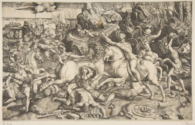 Escena de batalla en un paisaje con soldados a caballo y varios hombres caídos, otro..., ca. 1520 de Marco Dente