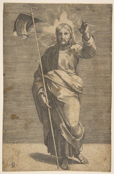 Cristo de pie mirando hacia adelante, sosteniendo una cruz con un estandarte y levantando su mano izquierda, ca. 1515-27 de Marco Dente