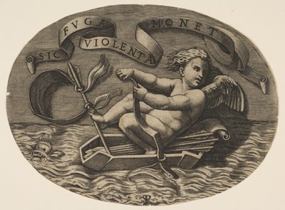 Eros escapando por mar usando su arco para propulsar un bote hecho de su carcaj con un ar..., ca. 1515-27 de Marco Dente
