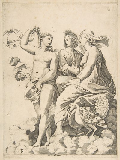 Juno, Ceres y Psique en las nubes conversando, Juno sentada con un pavo real de Marco Dente