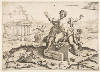 Laocoonte y sus dos hijos siendo atacados por serpientes sobre un pedestal, un templo a Mi... de Marco Dente