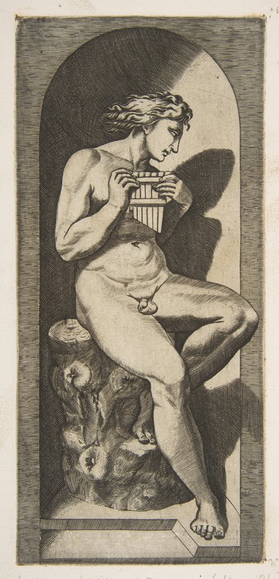 Olimpo desnudo sentado en un tocón de árbol sosteniendo flautas, dentro de un nicho, ca. 1515-27 de Marco Dente