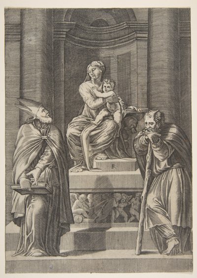 San José a la izquierda y un obispo a la derecha ante el altar de la Virgen..., ca. 1515-27 de Marco Dente