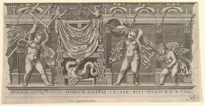 Speculum Romanae Magnificentiae: Bajo relieve con tres cupidos, 1519 de Marco Dente
