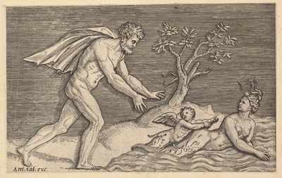 Speculum Romanae Magnificentiae: Hombre desnudo persiguiendo a una náyade de Marco Dente