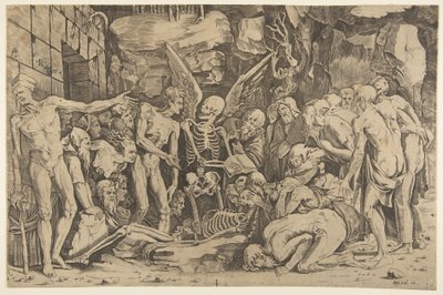 Los esqueletos, un grupo de hombres y mujeres demacrados reunidos alrededor de un esqueleto..., 1515-27 de Marco Dente