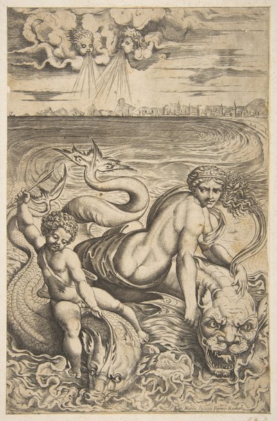 Venus y Cupido montando dos monstruos marinos, Cupido levanta una flecha en su mano derecha, ca. 1515-27 de Marco Dente