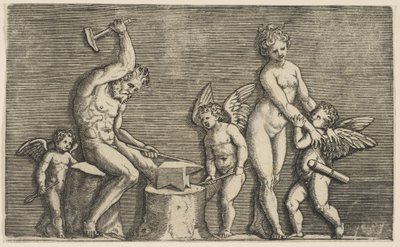 Vulcano sentado martillando en un yunque flanqueado por Venus y tres cupidos de Marco Dente