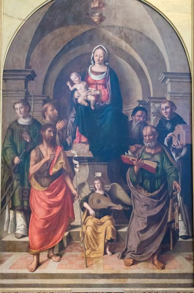 Virgen con el Niño rodeada de santos de Marco Palmezzano