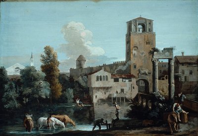 Un capricho con caballos bebiendo en un río fuera de una ciudad amurallada de Marco Ricci