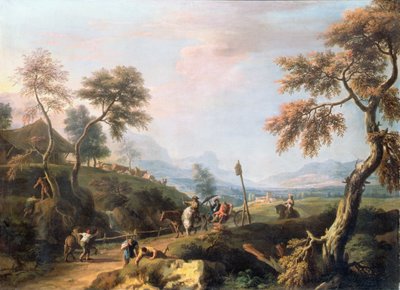 Un paisaje boscoso con caballeros en un carruaje por una carretera (óleo sobre lienzo) de Marco Ricci