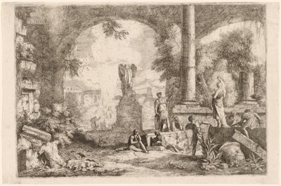 Capricho de ruinas antiguas con hombres mirando a un orador clásico de Marco Ricci