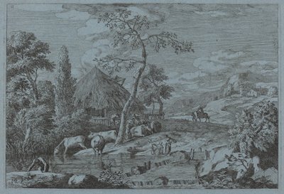 Ganado y figuras en un arroyo de granja de Marco Ricci
