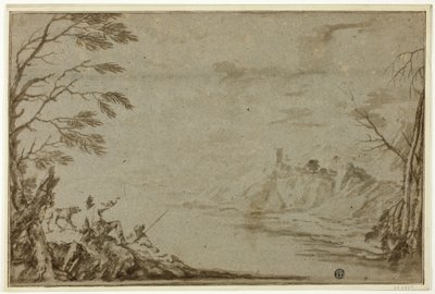 Cazadores con perro junto al río de Marco Ricci