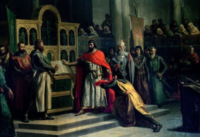 El Juramento de Santa Gadea, El Cid Campeador (c.1043-99) extrae de Alfonso VI (c.1040-1109), rey de Castilla, el juramento de no haber participado en el año 1072 en el asesinato de su hermano Sancho II (c.1083-1072) (óleo sobre lienzo) de Marcos Hiraldez de Acosta