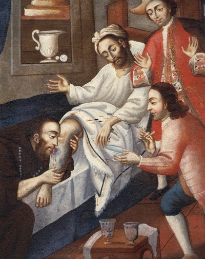Hombres religiosos tratando a un paciente en el Hospital de San Andrés, Cuzco de Marcos Zapata