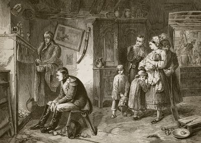 Napoleón busca descanso en una cabaña al borde del camino después de su derrota en Waterloo, grabado por J.D. Cooper de Marcus Stone