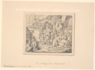 Hoja alegórica con el Sileno borracho y otras figuras mitológicas y alegóricas junto a un sarcófago con la inscripción: "Sepulcrum pudicitiae mortae" de Marcus Tuscher