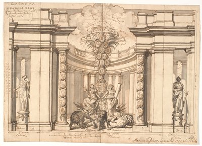 El interior de un templo con el escudo de armas danés y el árbol genealógico de los reyes de Oldenburgo de Marcus Tuscher