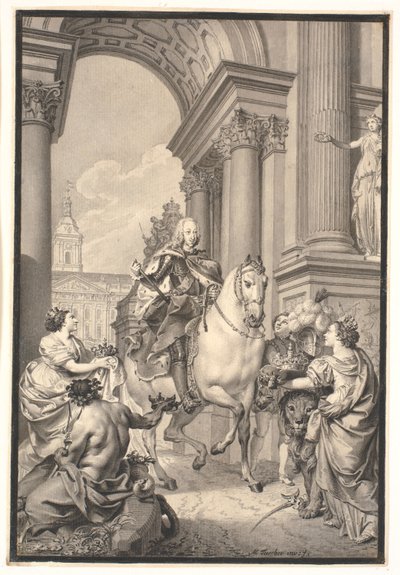 Trabajo preparatorio para la pintura: Dinamarca y Noruega rinden homenaje a Chr. VI (quemado con Christiansborg 1794) de Marcus Tuscher