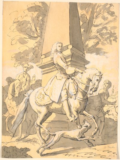 Caballero noble seguido por sirvientes pasa junto a un monumento de Marcus Tuscher