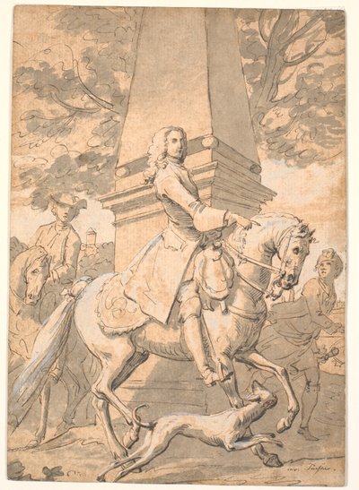 Caballero noble seguido por sirvientes pasa junto a un monumento de Marcus Tuscher