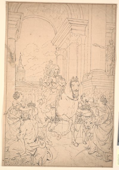 Boceto para la pintura: Dinamarca y Noruega rinden homenaje a Chr. VI (quemado con Christiansborg 1794) de Marcus Tuscher