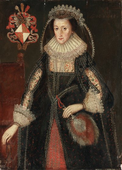 Retrato de Lady Eleanor Dutton, tres cuartos de longitud, en vestido elegante, de pie junto a una silla con el escudo de armas de la familia Dutton de Cheshire y Gloucestershire de Marcus the Younger Gheeraerts