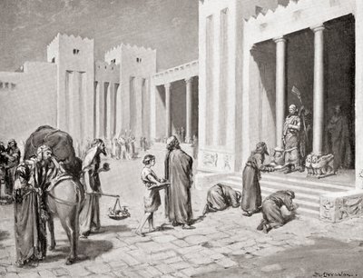 Un príncipe siro-hitita entrevistando a un grupo de sus súbditos semitas en el Bit-hilani, de la Historia de las Naciones de Hutchinson, pub.1915. de Margaret (after) Dovaston