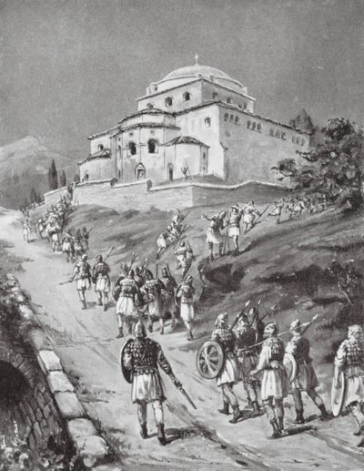 Tropas bizantinas huyendo ante los normandos (litografía) de Margaret (after) Dovaston