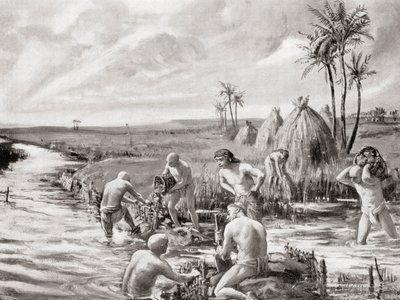 Primeros colonos en Babilonia drenando los pantanos mediante la construcción de una presa, de la Historia de las Naciones de Hutchinson, pub.1915 de Margaret (after) Dovaston