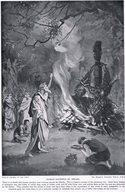 Sacrificio humano por los druidas, ilustración de "Hutchinson
