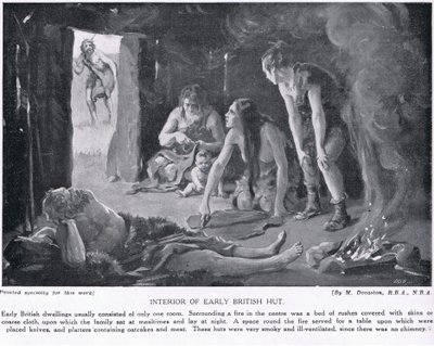 Interior de una cabaña británica primitiva, ilustración de "Hutchinson