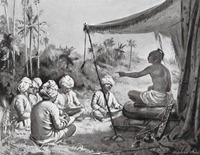 Kulottunga Chola da instrucciones a sus topógrafos, 1086 d.C. (litografía) de Margaret (after) Dovaston