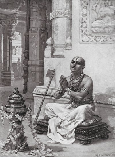 Ramanuja contemplando su filosofía del Dios único y personal, 1100 d.C. (litografía) de Margaret (after) Dovaston