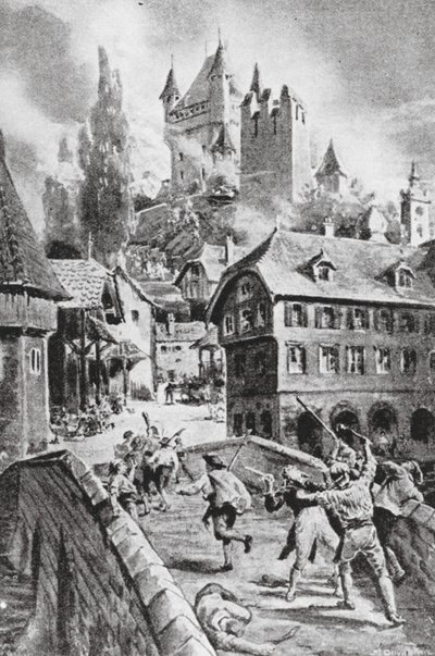 La quema del castillo de Wadenschwyl en 1804 (litografía) de Margaret (after) Dovaston
