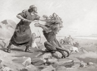 Tiglath-Pileser matando a un león, de la Historia de las Naciones de Hutchinson, pub.1915 de Margaret (after) Dovaston
