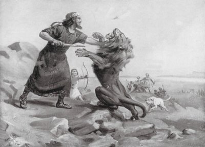 Tiglat-pileser I matando a un león (litografía) de Margaret (after) Dovaston