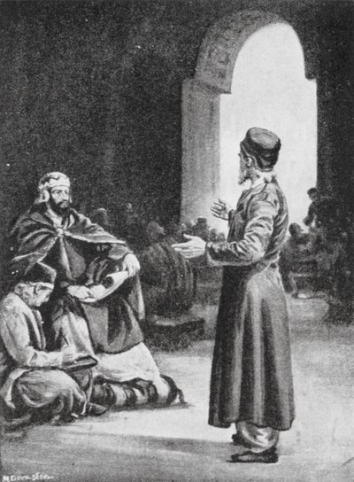 Vologeses III supervisa la recopilación del Avesta pehlevi, 160 d.C. (litografía) de Margaret (after) Dovaston